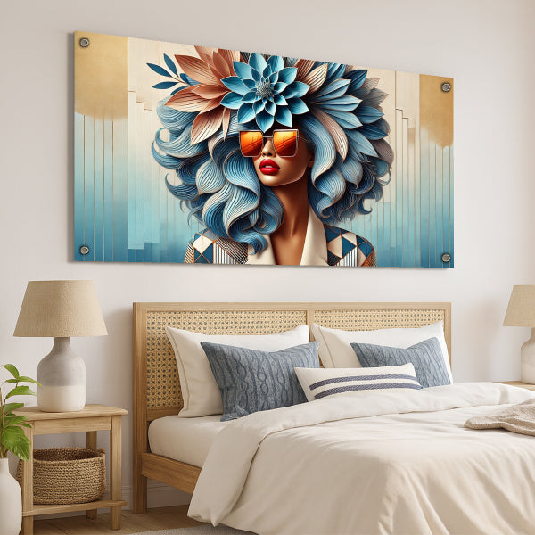 דיוקן נשי אמנותי עם שיער פרחוני בגווני תכלת וזהב - תמונת זכוכית מודרנית לבית