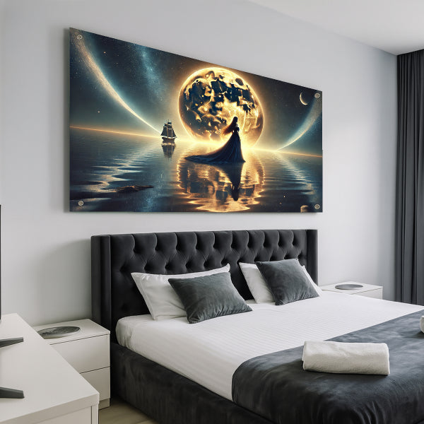 דמות מסתורית מול ירח זהוב – תמונות זכוכית