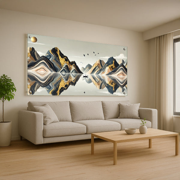 השתקפות הרים באגם עם סירה קטנה – תמונות זכוכית מודרניות