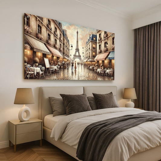 תמונת נוי של רחובות פריז עם מגדל אייפל בשעת ערב רומנטית – הדפסה על זכוכית