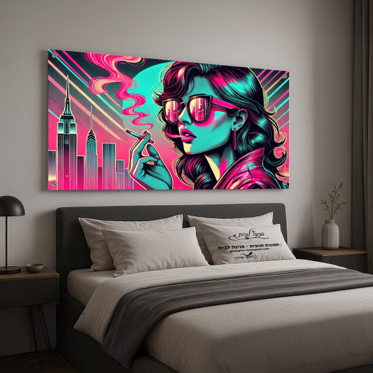 תמונת פופ ארט צבעונית של אישה עם משקפי שמש ועיר מודרנית – תמונות זכוכית