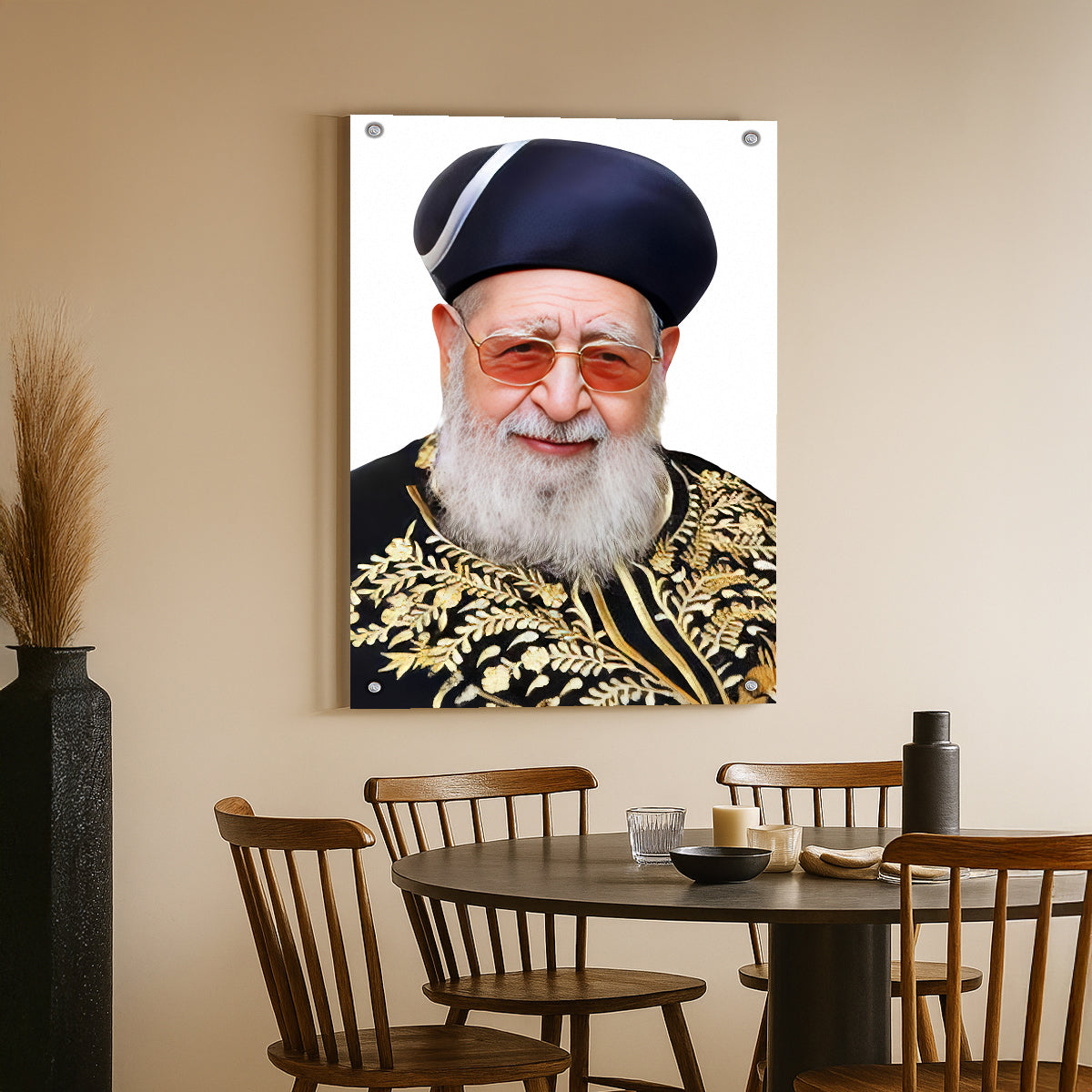 הרב עובדיה רקע לבן וזהב – הדפסה על זכוכית