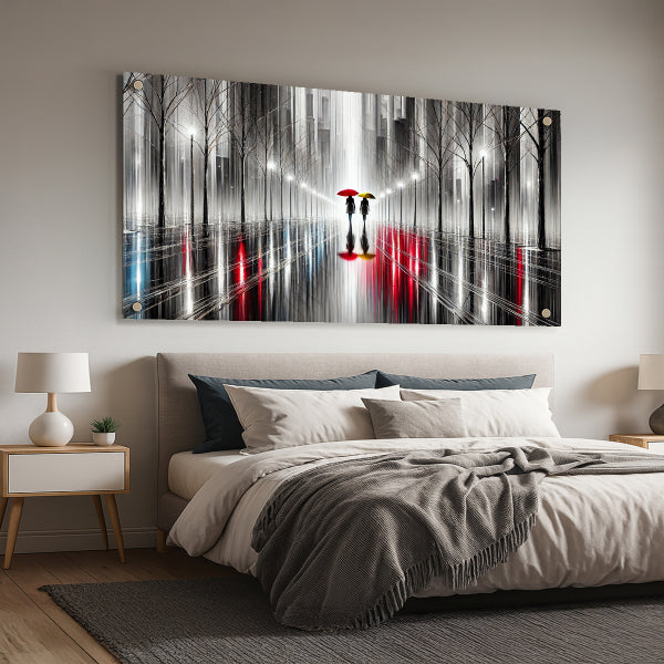 זוג עם מטריות צבעוניות ברחוב גשום – הדפסה על זכוכית