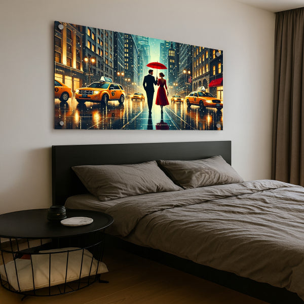 תמונת זכוכית זוג בגשם בניו יורק בלילה רומנטי