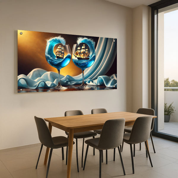 תמונה דקורטיבית על זכוכית של ספינות בכוסות יין וגלים כחולים