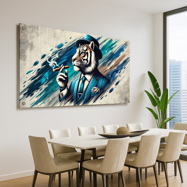 תמונת זכוכית של טיגריס בחליפה עם סיגר בעיצוב יוקרתי לסלון
