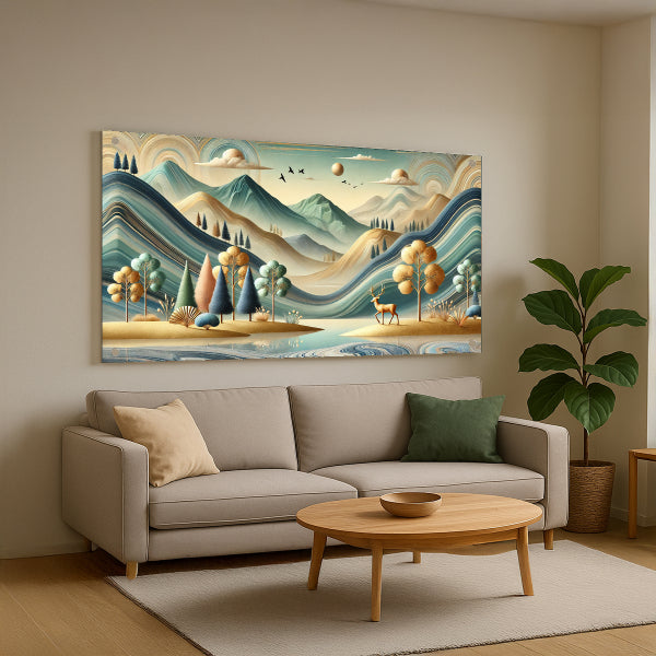 נוף הרים רגוע עם צבי – תמונות זכוכית