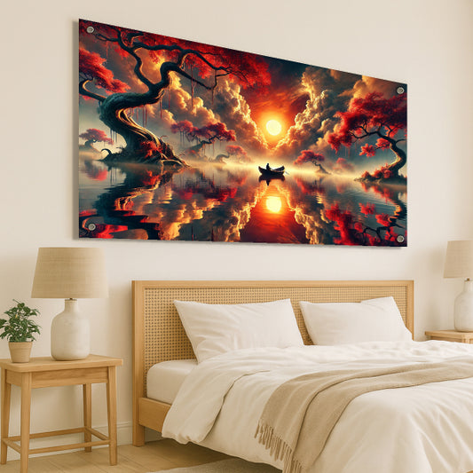 שקיעה באגם עם סירה ועצי שלכת אדומים – תמונת נוף מרהיבה על זכוכית לעיצוב הבית