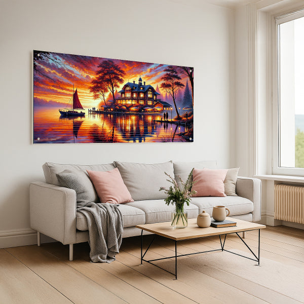 שקיעה על אגם ובית מואר – תמונות זכוכית