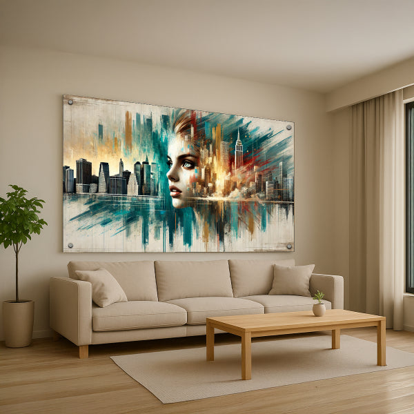 דיוקן נשי עם נוף עירוני צבעוני על זכוכית