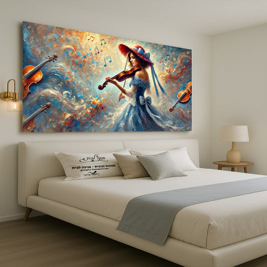 תמונת זכוכית נגנית כינור בשמלה כחולה וגלי צבע סביב