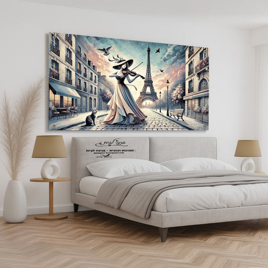 תמונת זכוכית של נגנית כינור בפריז עם חתול ומגדל אייפל ברקע