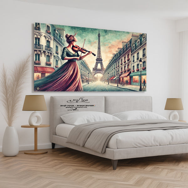 תמונת זכוכית של נגנית כינור בפריז עם מגדל אייפל ברקע