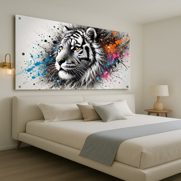 נמר לבן באמנות מודרנית צבעונית – תמונת זכוכית מעוצבת לבית