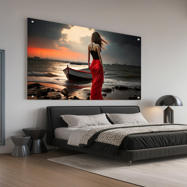 תמונת אישה בשמלה אדומה על חוף ים מול שקיעה – יצירה דרמטית ואלגנטית לעיצוב הבית