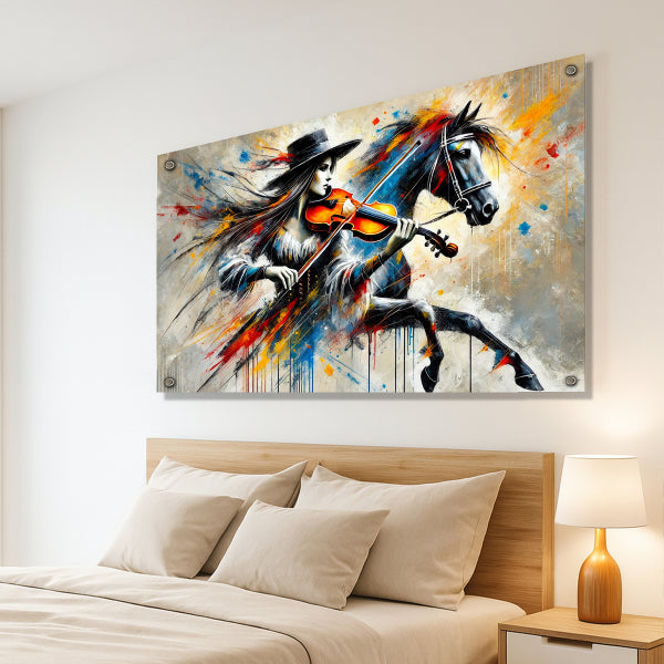 תמונת אישה מנגנת בכינור לצד סוס בצבעים חזקים – אמנות מודרנית על זכוכית לעיצוב הבית