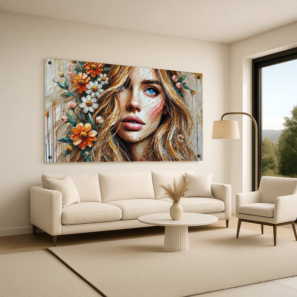 דיוקן נשי עם פרחי שדה בגוונים חמימים - תמונת זכוכית בעיצוב טבעי ועדין