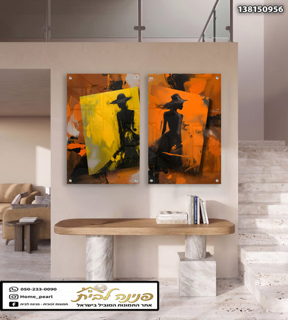 זוג תמונות אבסטרקטיות של דמויות נשיות בגווני כתום, צהוב ושחור - תמונות קיר