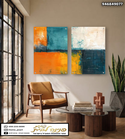 Set of two abstract glass wall art panels featuring bold orange, teal, cream and deep blue blocks, displayed in a modern living room.