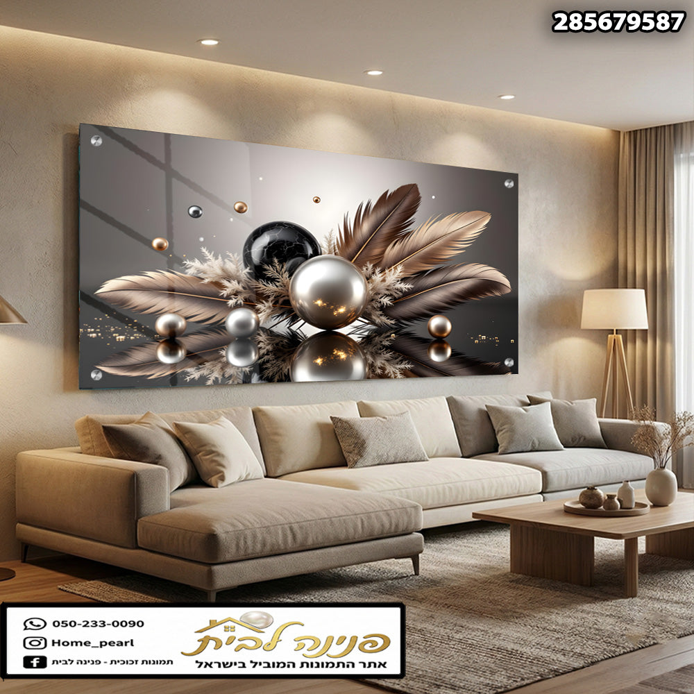 תמונה של יצירת אמנות מודרנית על קיר בסלון - תמונות קיר - גוונים של זהב, שחור וכסף