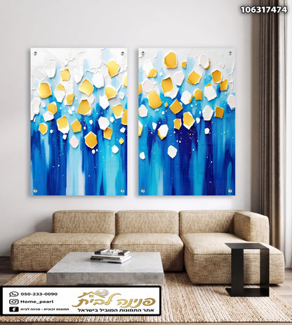 זוג תמונות אבסטרקטיות בגווני כחול, לבן וזהב לסלון - תמונות קיר