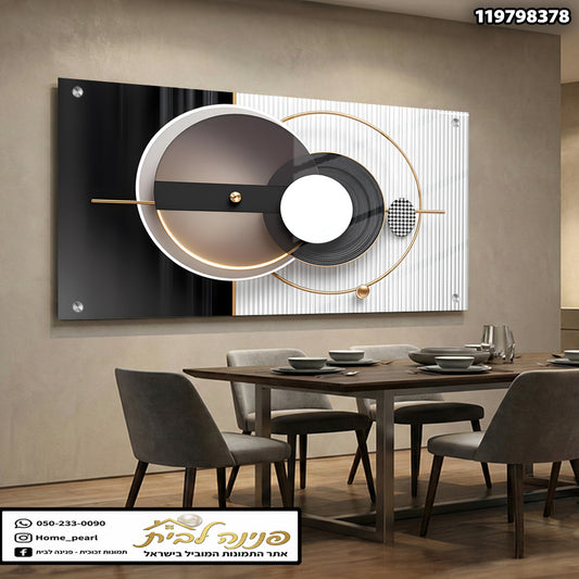 תמונה של אמנות אבסטרקטית על זכוכית - תמונות לבית - צבעים שחור, לבן, זהב