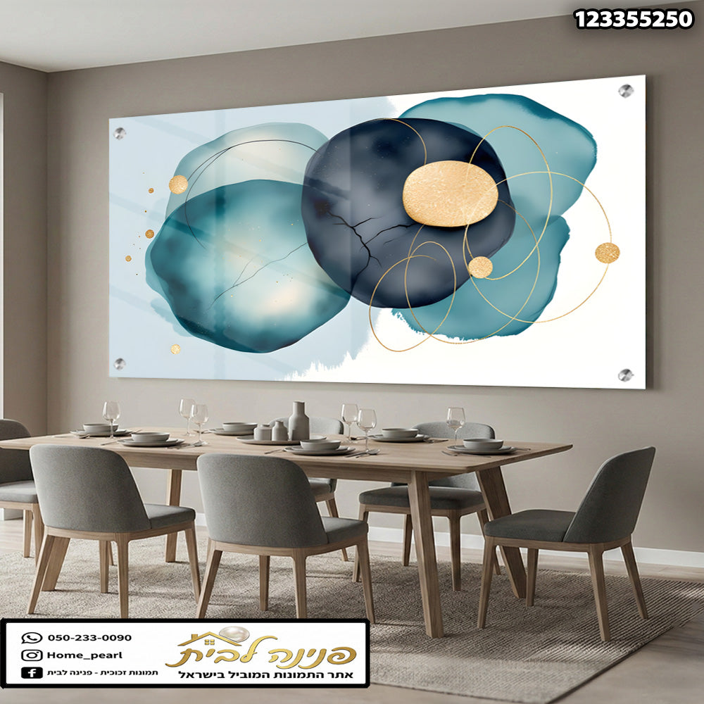 תמונה של אמנות מופשטת על זכוכית - תמונות זכוכית - גוונים של כחול, ירוק וזהב