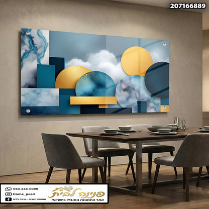 תמונה אבסטרקטית על זכוכית - תמונות זכוכית - צבעים כחול, צהוב ולבן