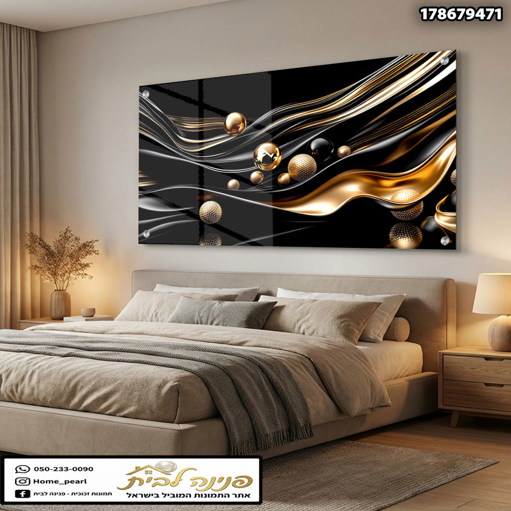 תמונות זכוכית - גל אבסטרקטי שחור-זהב עם כדורים מטאליים תמונות זכוכית לסלון תמונות לבית תמונות קיר הדפסה על זכוכית