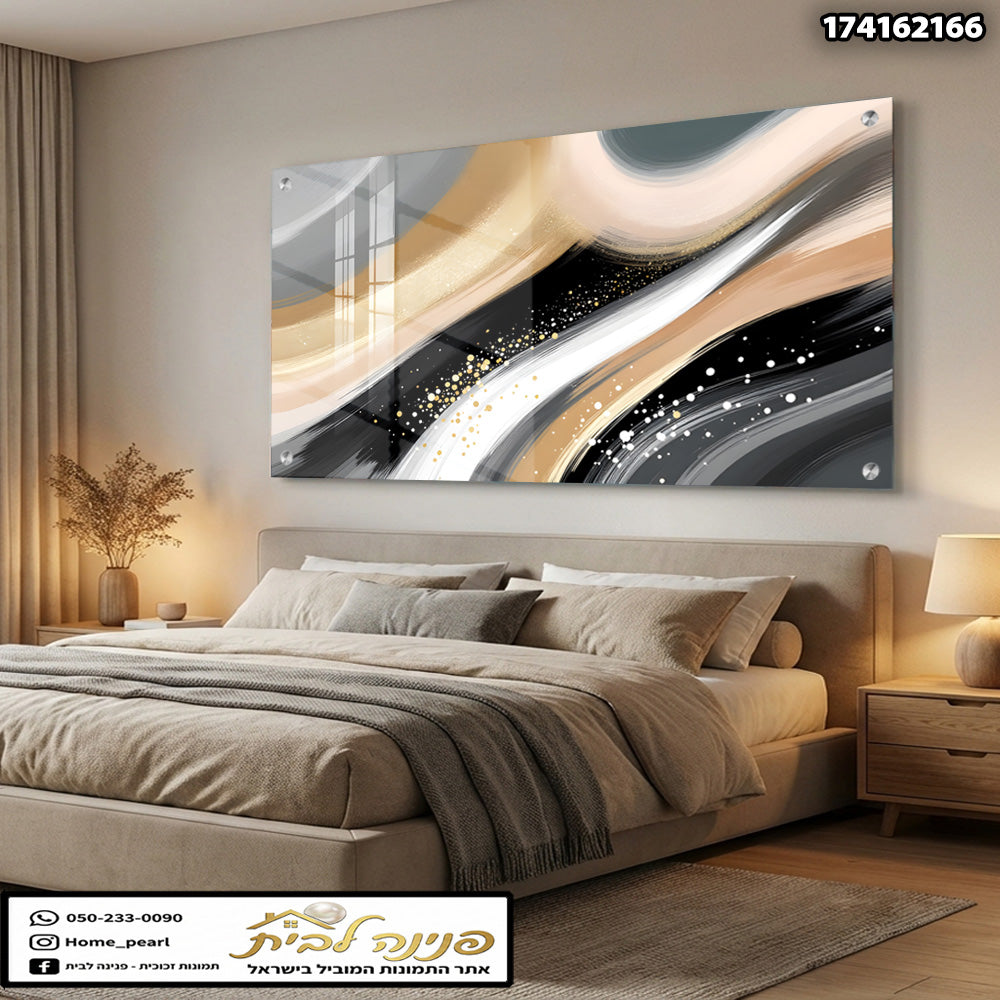 תמונה אבסטרקטית על זכוכית עם צבעים אפור, שחור, זהב ולבן