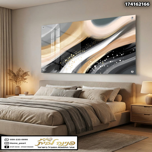 תמונה אבסטרקטית על זכוכית עם צבעים אפור, שחור, זהב ולבן