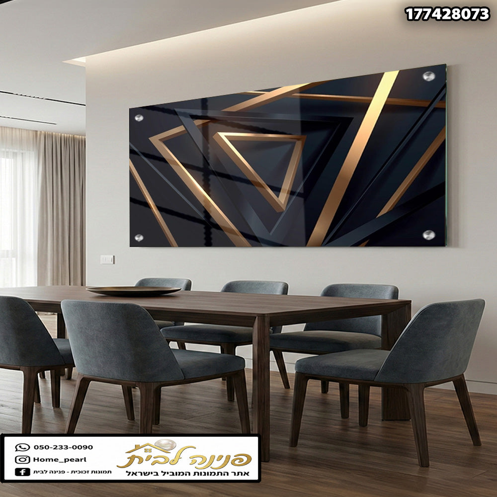 תמונות זכוכית - משולשים גאומטריים שחור-זהב במראה יוקרתי תמונות זכוכית לסלון תמונות לבית תמונות קיר הדפסה על זכוכית