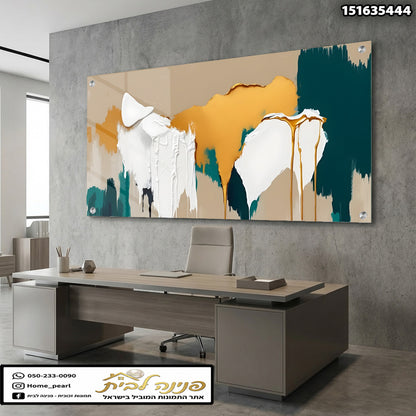 יצירת אמנות אבסטרקטית לת decor משרד - תמונות קיר - צבעים: לבן, זהב, טיל