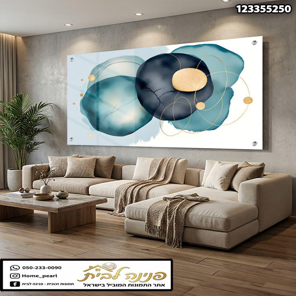 תמונה אבסטרקטית על זכוכית עם צבעים כחול וזהב