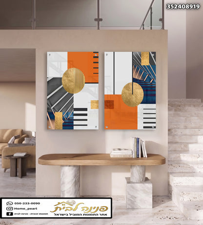 שני תמונות abstract על קיר סלון - תמונות קיר - צבעים כתום, לבן, שחור, זהב וכחול