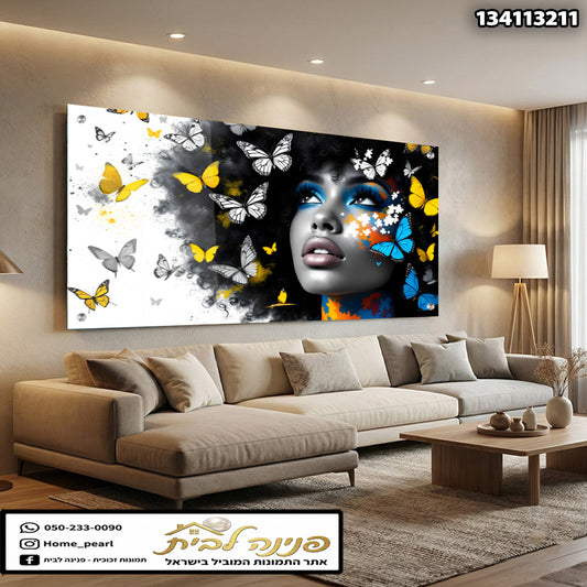 תמונה של אישה עם פרפרים - הדפסה על זכוכית - צבעים שחור, לבן, צהוב וכחול