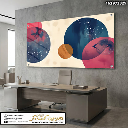 ציור אבסטרקטי על זכוכית - תמונות קיר - צבעים כחול, אדום, כתום