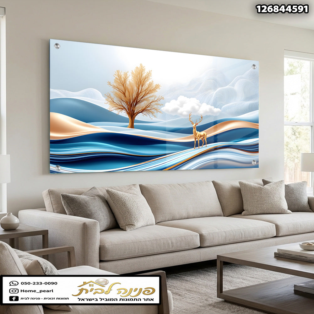 תמונה של סוס עם עץ ושמיים בצבעים כחול וזהב - תמונות לבית - צבעים כחול, זהב ולבן