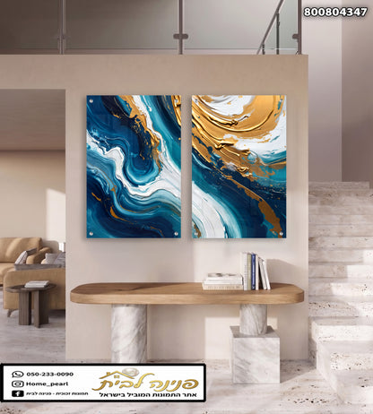 תמונה של תמונות אמנות אבסטרקטית על קיר - תמונות נוי - צבעים כחול, זהב ולבן
