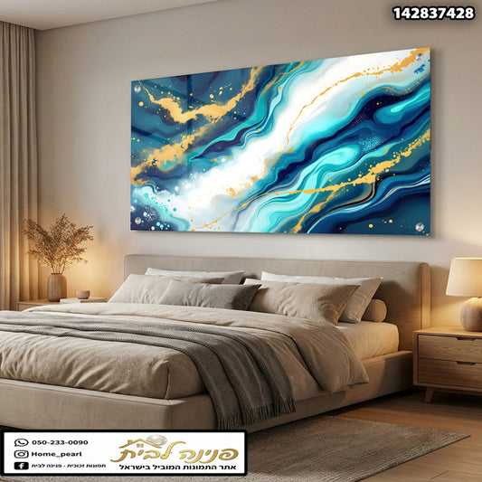 ציור מופשט עם צבעים כחולים וזהובים בחדר שינה - תמונות קיר - צבעים כחולים וזהובים