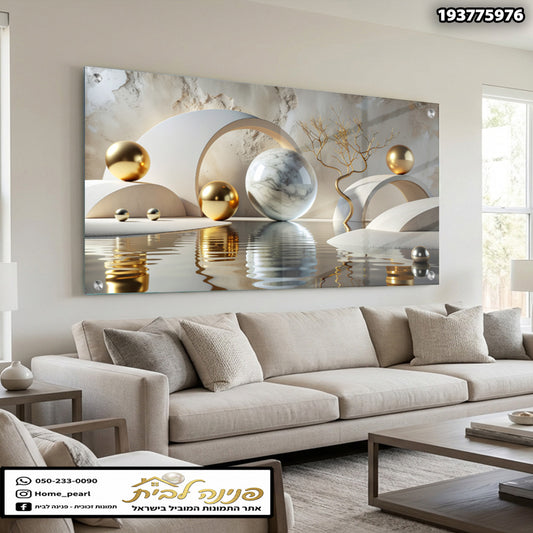 תמונה של אמנות אבסטרקטית עם כדורים מבריקים - תמונות לבית - צבעים זהב, לבן ואפור