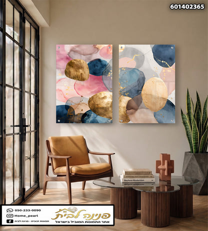 תמונה של שתי יצירות אמנות בסגנון מופשט לק décor הבית - תמונות לבית - וורוד-כחול-זהב