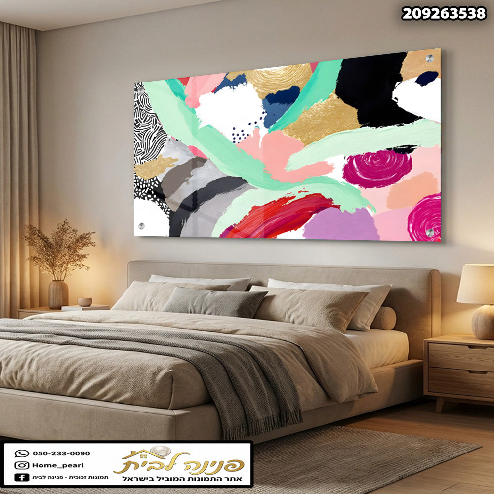 תמונות זכוכית - אבסטרקט משיחות טורקיז וזהב עם נגיעות פוקסיה תמונות זכוכית לסלון תמונות לבית תמונות קיר הדפסה על זכוכית