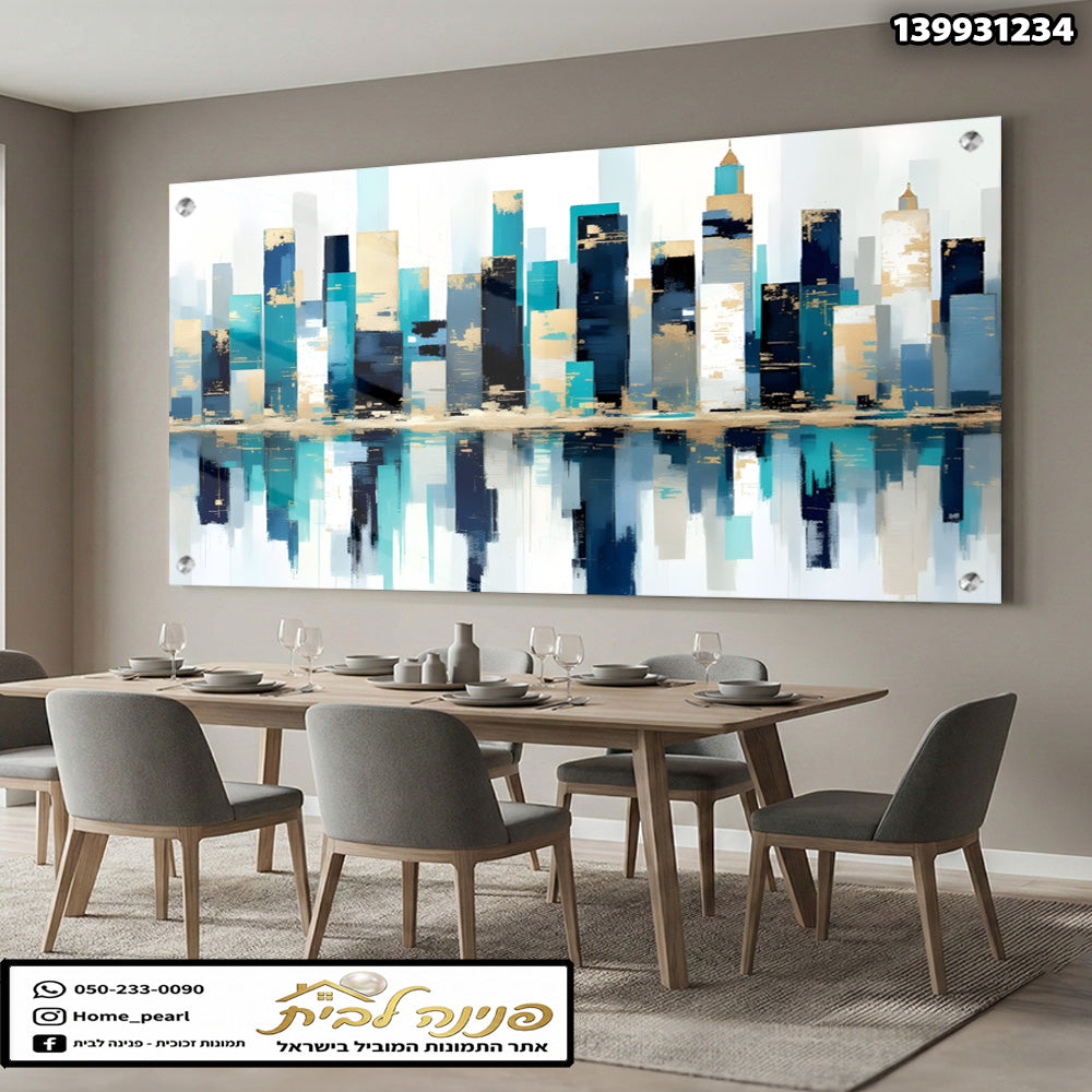 תמונה של נוף עירוני מופשט על זכוכית - תמונות לבית - צבעים כחול, לבן, זהב