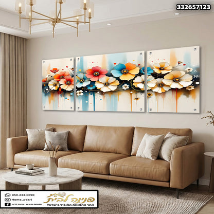 תמונת קיר של פרחים צבעוניים בסגנון מופשט מעל ספה בסלון - תמונות קיר