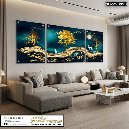 סט תמונות קיר עם נוף אבסטרקטי של עצים מוזהבים, איילים וירח בגווני כחול וזהב - תמונות קיר