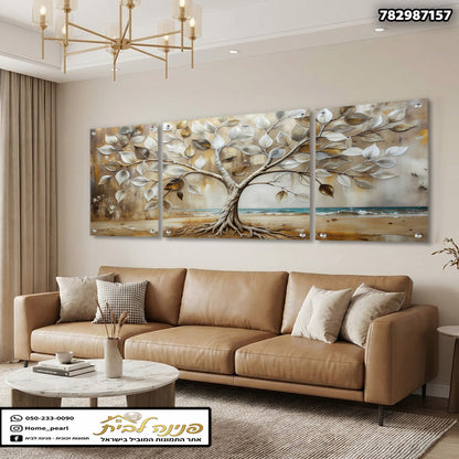 תמונה דקורטיבית של עץ בגווני בז׳ ולבן מעל ספה בסלון - תמונות לבית
