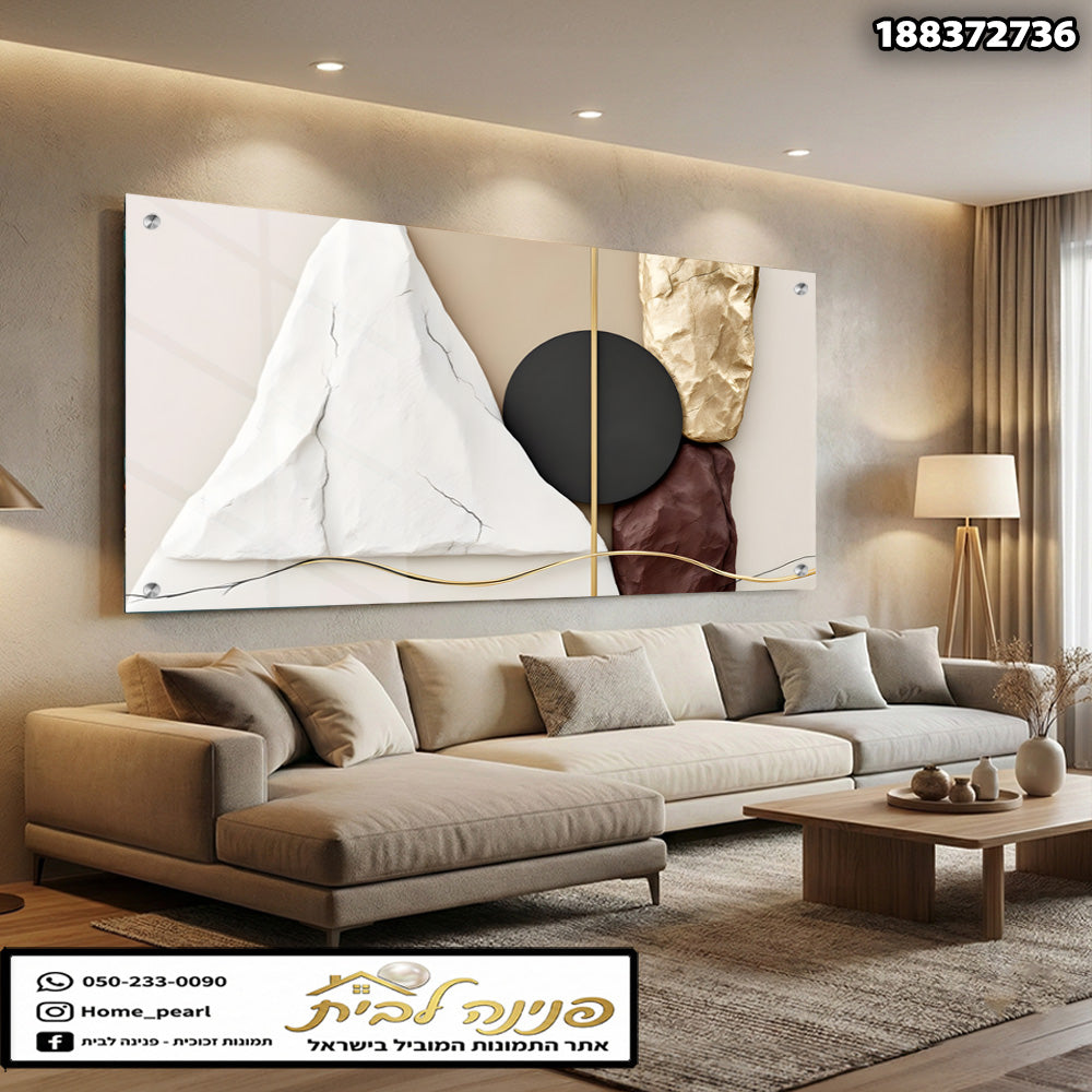 תמונות זכוכית - קומפוזיציה אבסטרקטית של עיגול שחור וקווים זהובים על רקע בז׳ תמונות זכוכית לסלון תמונות לבית תמונות קיר הדפסה על זכוכית