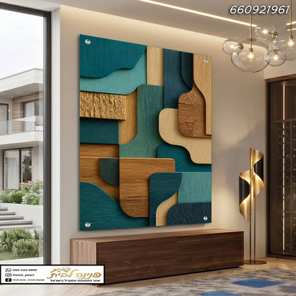 קיר עם תמונה מופשטת מwood בצבעים טיאן חום וזהוב - תמונות לבית - טיאן, חום וזהוב
