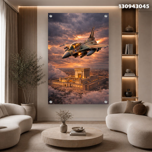 תמונה של מטוס מעל מבנה עם עננים - תמונות לסלון - צבעים בפנים